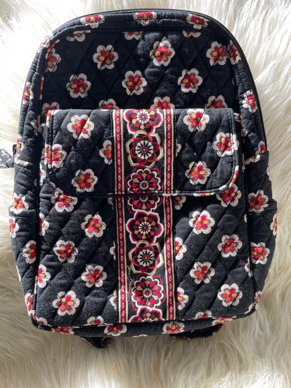 Vera bradey Quilted Floral Black Backpack with Pink Accent - Women Bags